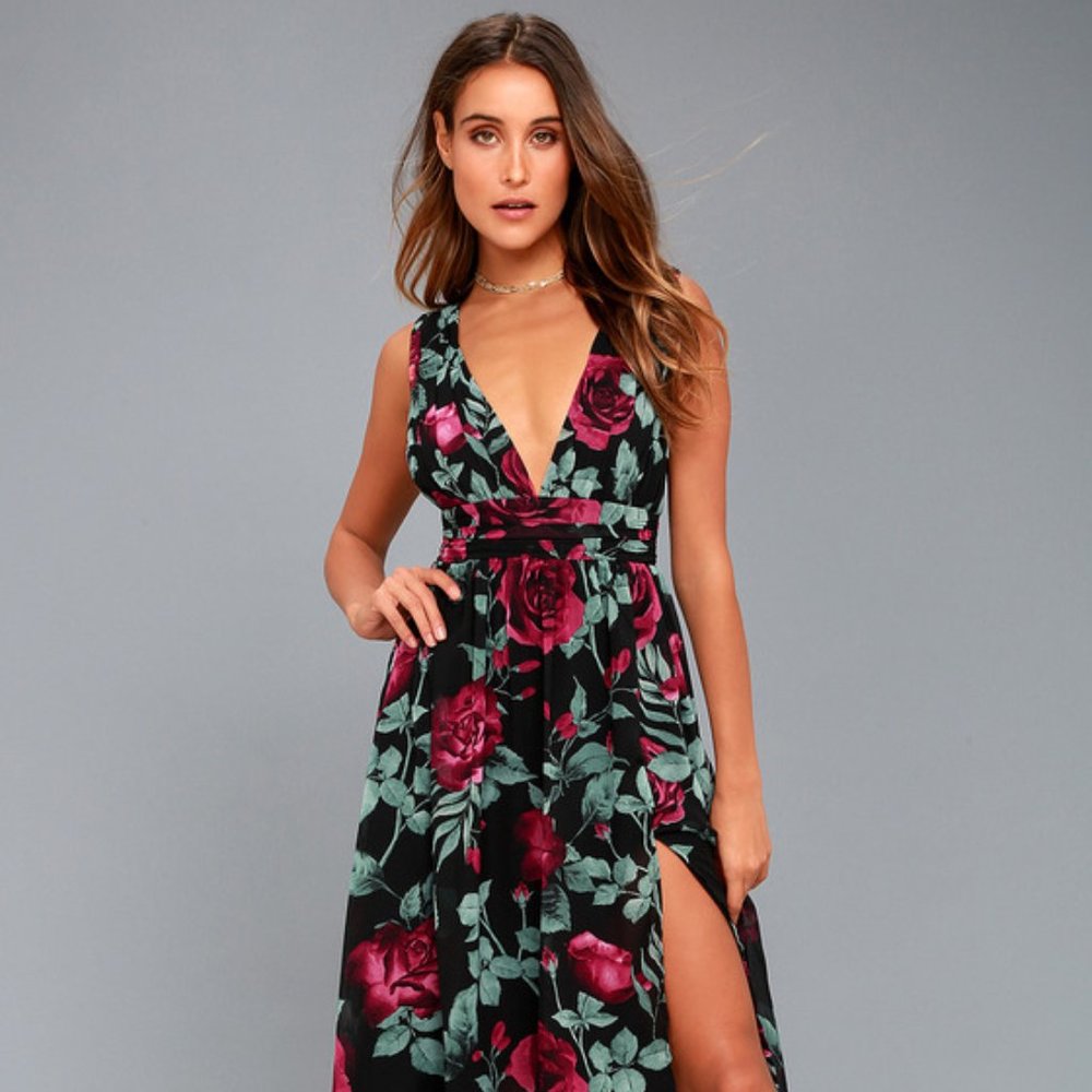 NWT Lulus Black and Burgundy Floral Print Midi Dress